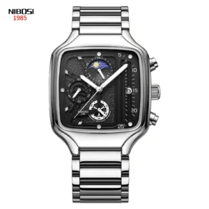 Relógio - Relógio analógico Solluss Cartier prateado com pulseira de aço inoxidável e mostrador preto detalhado - Solluss