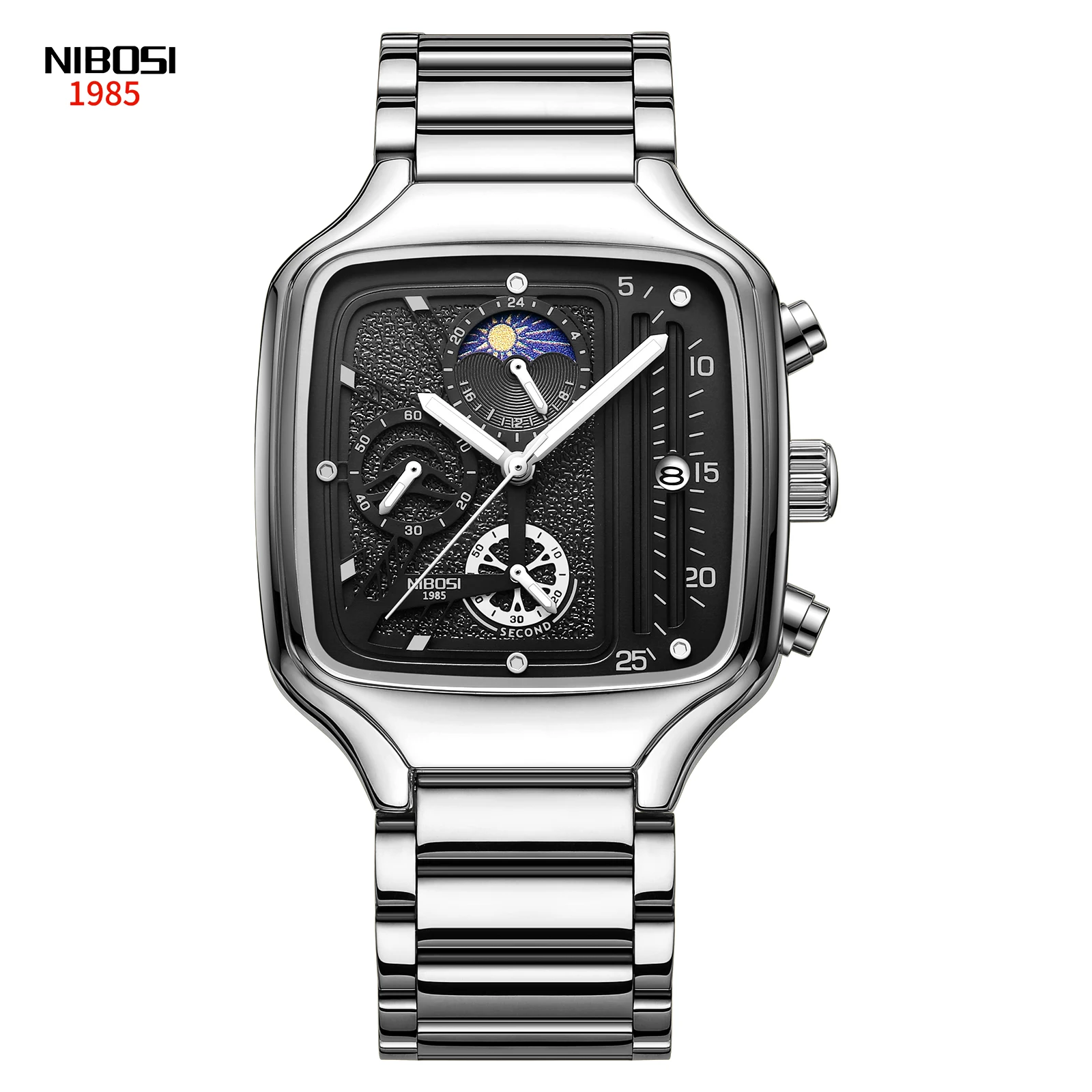 Relógio - Relógio analógico Solluss Cartier prateado com pulseira de aço inoxidável e mostrador preto detalhado - Solluss